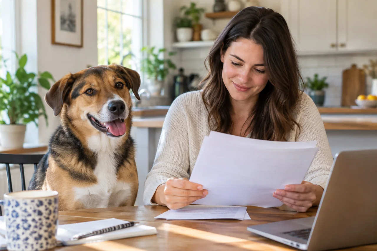 Owner reviewing written documents beside a dog