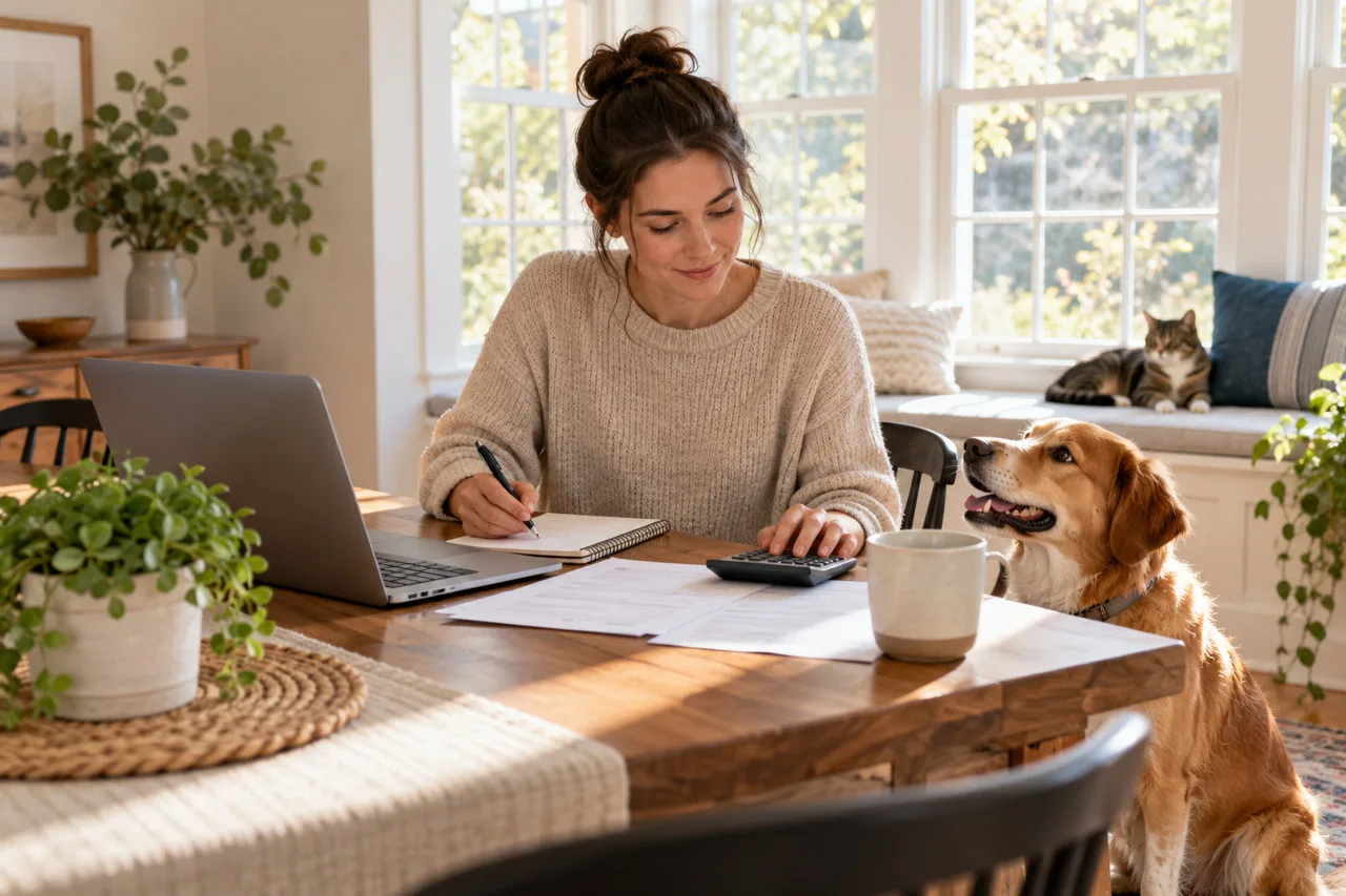 Owner using a laptop beside a dog and cat at home